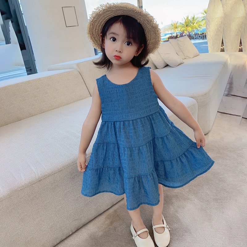 Đầm Công Chúa Mùa Hè Không Tay Hở Lưng Màu Trơn Cho Bé Gái Se7En