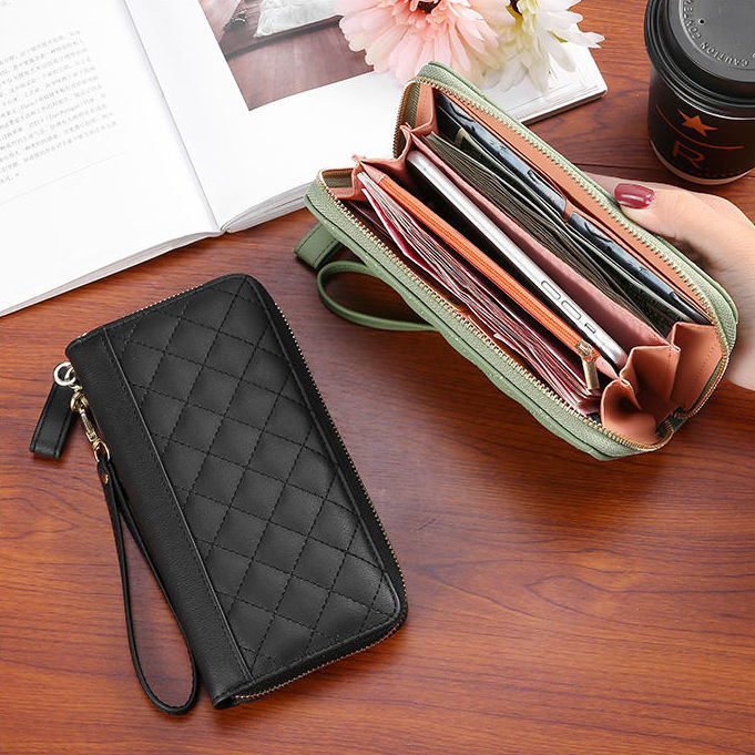 European And American Small Wallet Female 2021 New Korean Version Wild Embroidery Grid Zipper Clutch Large Capacity Long Wallet