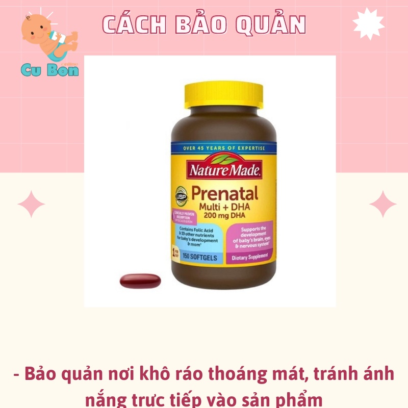 vitamin bầu Nature Made Prenatal Multi - DHA 200mg 150 viên của Mỹ cung cấp 20 loại vitamin Cho Bà Bầu trước và sau sinh