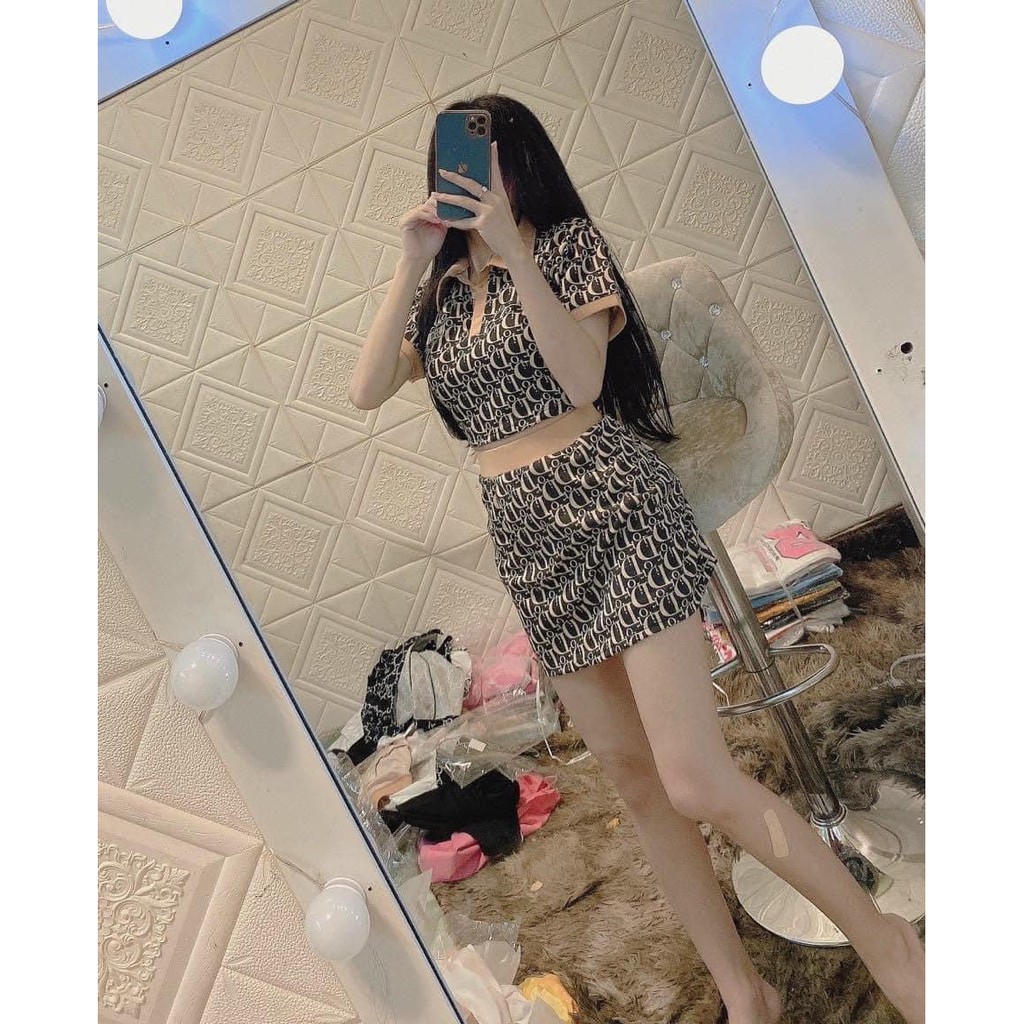 Sét bộ áo croptop cổ bẻ phối chân váy ngắn in chữ cực xinh , chất thun bozip mềm mịn ( ảnh thật )