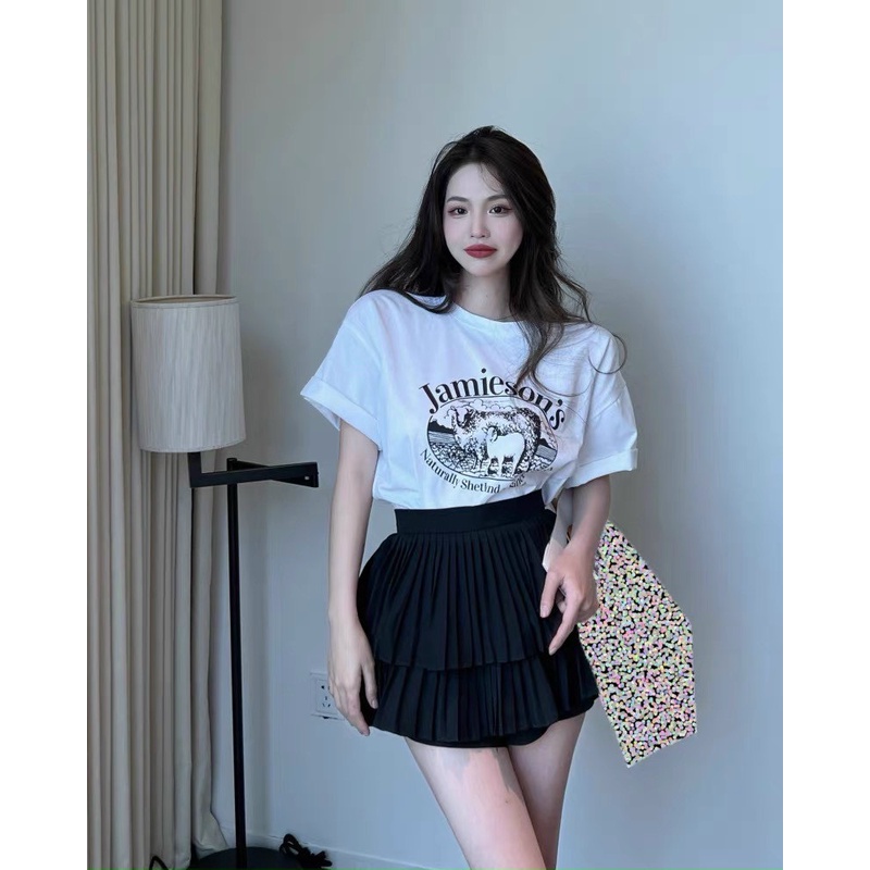 Chân váy xếp ly ngắn 2 tầng xòe kèm quần bên trong hàng Quảng Châu màu trắng đen nâu