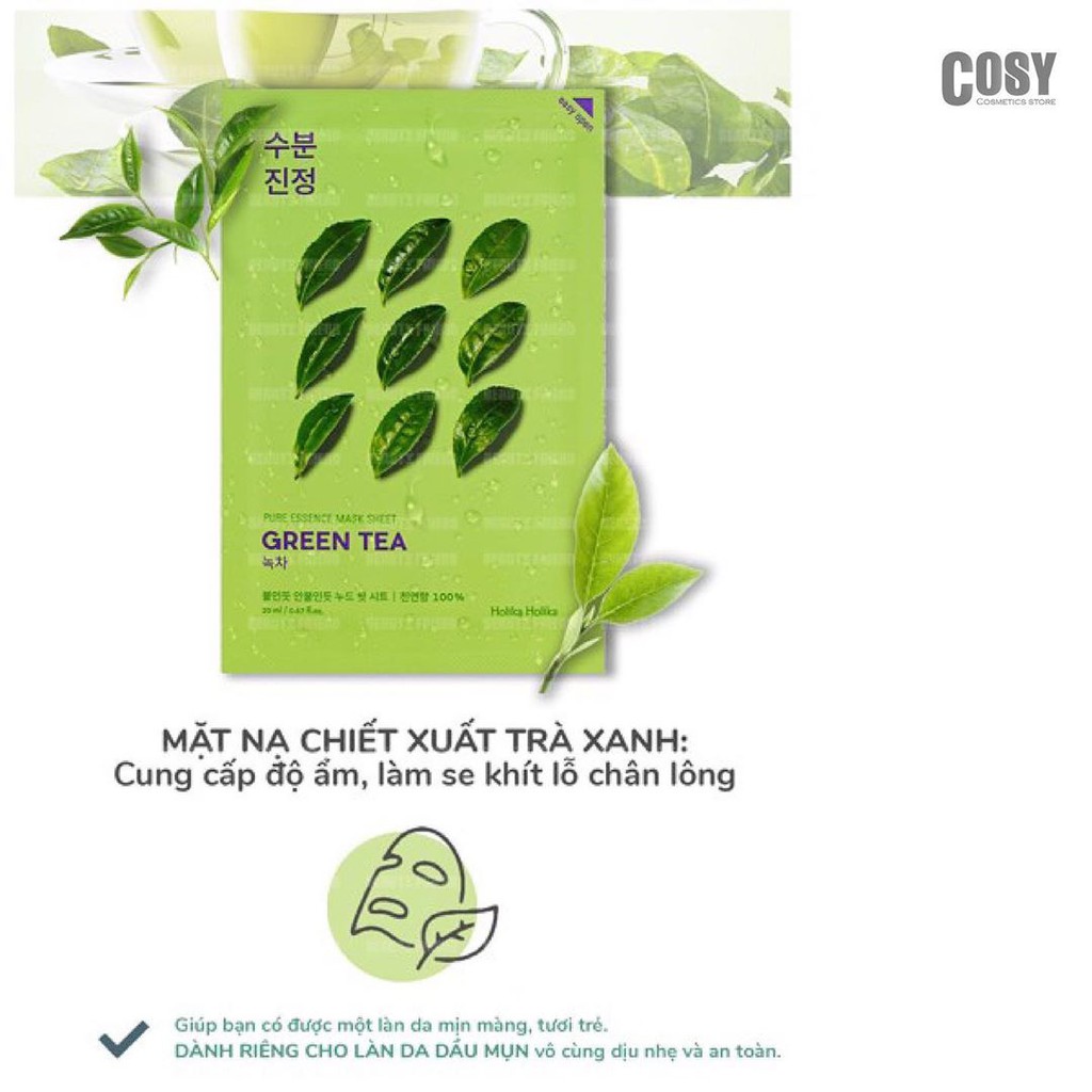 Set 10 mặt nạ giấy Holika Holika chiết xuất trà xanh Pure Essence Mask dưỡng ẩm, chăm sóc da 23ml - 7054