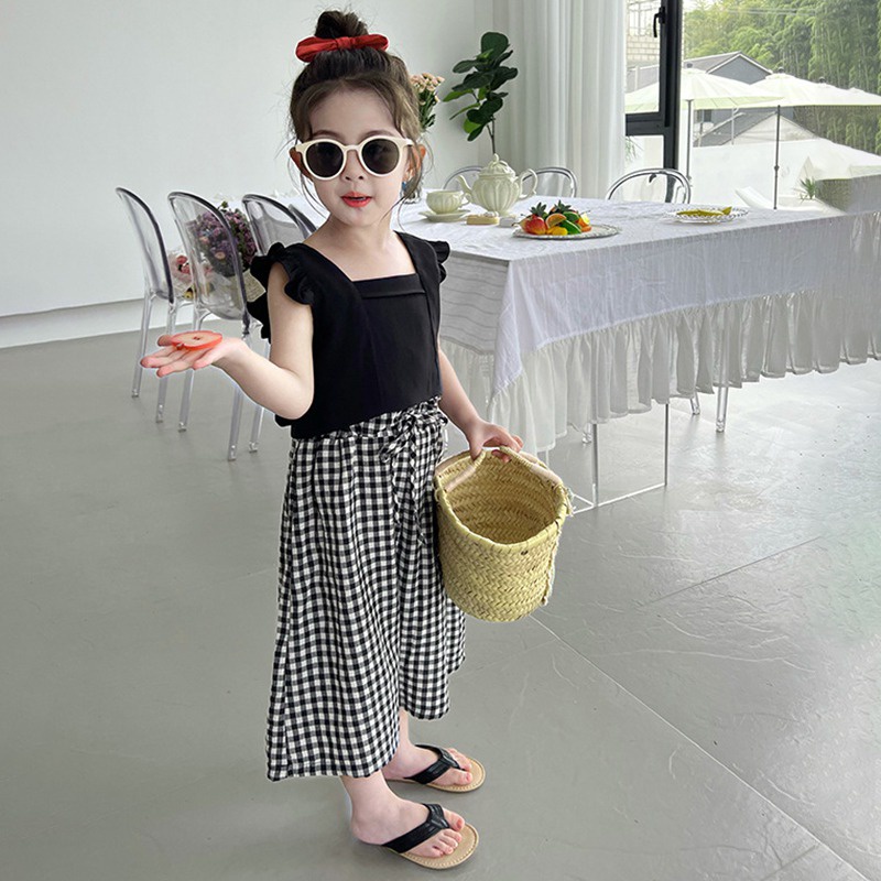 Set Áo Cổ Vuông Tay Cánh Tiên Màu Đen + Quần Dài Lưng Thun Phong Cách Hàn Quốc Dễ Thương Cho Bé Gái