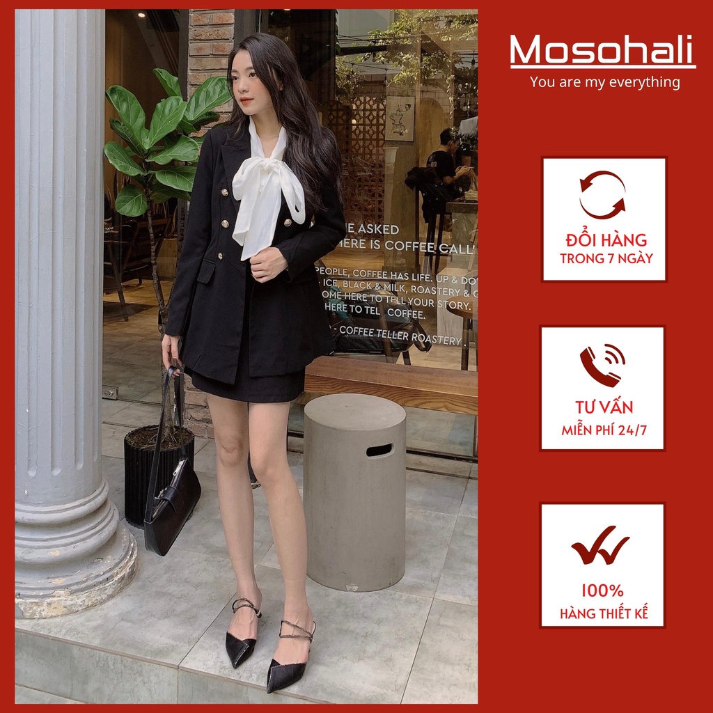 Set vest nữ Mosohali đen trơn 6 khuy set blazer nữ chân váy cạp cao