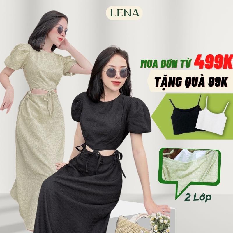 Đầm midi dáng dài dự tiệc LENA dạo phố khoét eo, vải gấm 2 lớp cao cấp sang trọng - DH2020