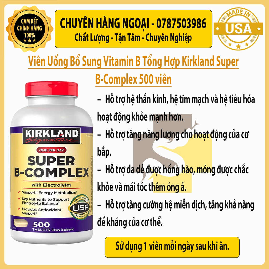 Kirkland Viên Uống Bổ Sung Vitamin B Tổng Hợp Super B-Complex 500 Viên Của Mỹ
