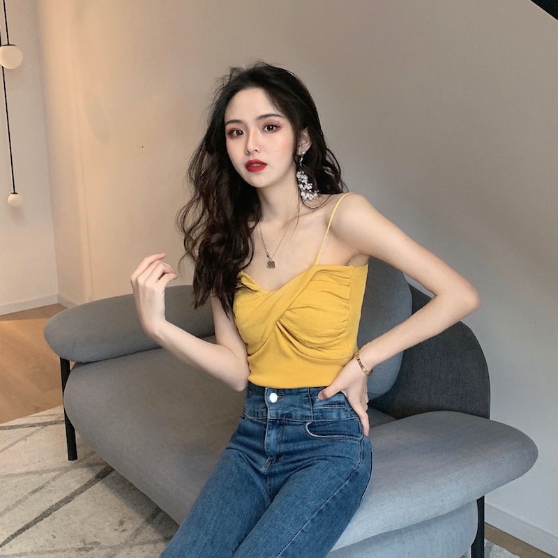 Jiashucheng Áo Dệt Kim Hai Dây Dáng Ngắn Ôm Sát Mùa Xuân Hè Tươi Tắn Nhỏ Nhắn Phong Cách Retro Cho Nữ