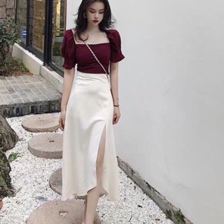 Sét áo crotop chân váy dài xẻ đùi