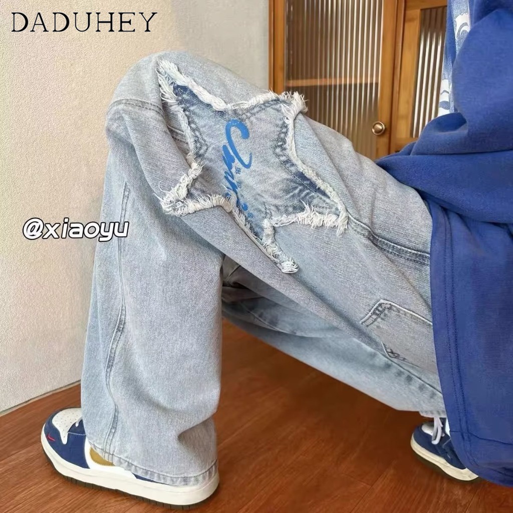 DaDuHey Autumn Thin Trendy Hong Kong Style Ripped Jeans Ins Male Straight Loose Casual Cropped Pants