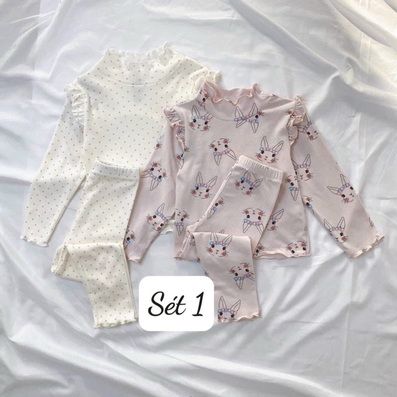 Combo 2 bộ len tăm zip cho bé gái, Set bộ thu đông dài tay chất cotton cổ cao 3p phối bèo tay họa tiết chấm bi xinh yêu