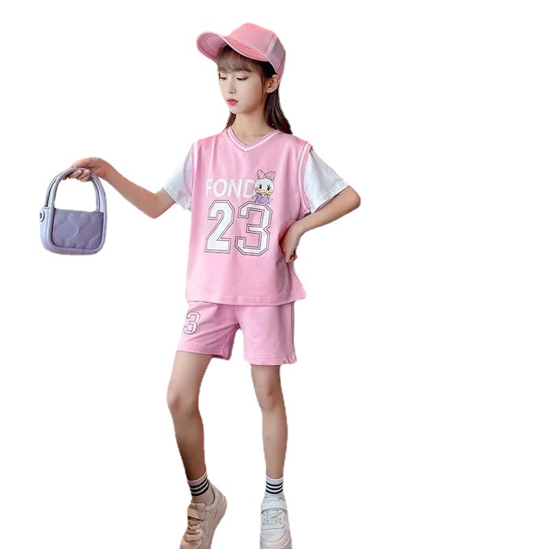 Bộ Trang Phục Thể Thao Hai Mảnh Mùa Hè Gồm Áo Thun Và Quần Short Bóng Rổ Phong Cách Phương Tây Cho Bé Gái