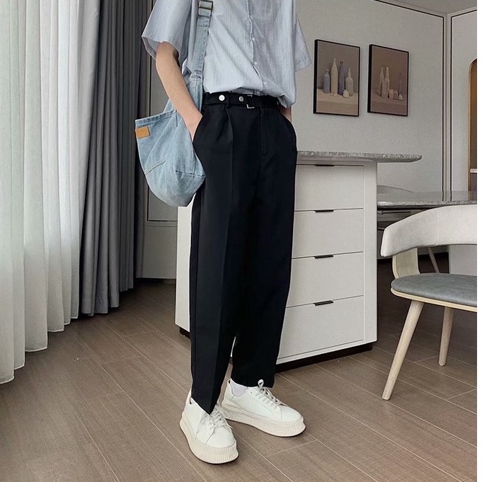 Quần dài ống rộng phong cách quần vải cạp cao Hàn Quốc thời trang baggy quần đen cho nam unisex karik simple trousers thẳng