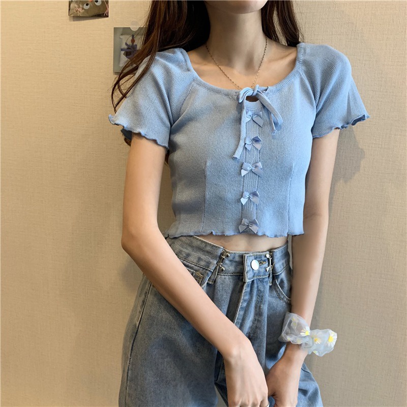 WANGJIAOZHAN Áo crop top Thun Dệt Kim Tay Ngắn Cổ Vuông Phong Cách Hàn Quốc Cho Nữ