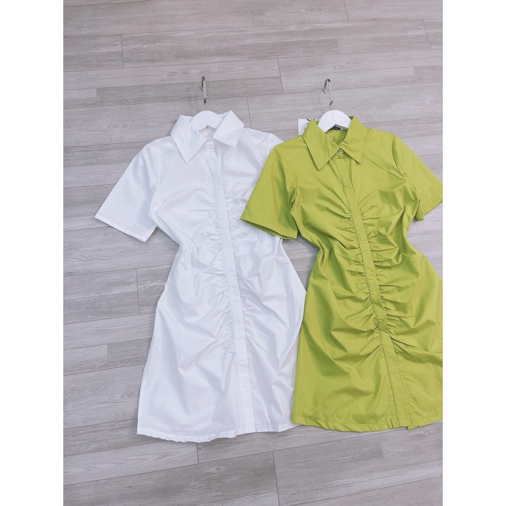 Váy sơ mi dúm trước đầm nhún cổ somi 2 màu -MINXY SHOP