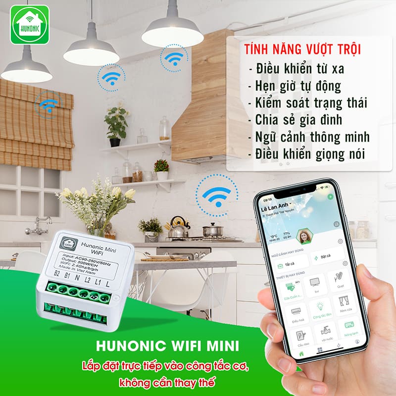 Công Tắc Thông Minh Wifi Hunonic Mini Điều Khiển Từ Xa Qua Điện Thoại, Hẹn Giờ Tự Động, Hàng Việt Nam.
