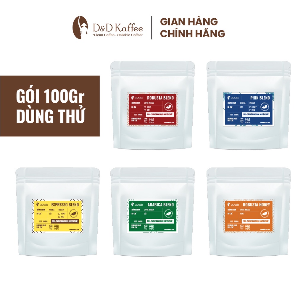 [Mã GROADO1 giảm 10K đơn 50K] Cà phê rang xay gói dùng thử 100gr, cà phê nguyên chất 100% - D&D Kaffee - 5 loại tuỳ chọn