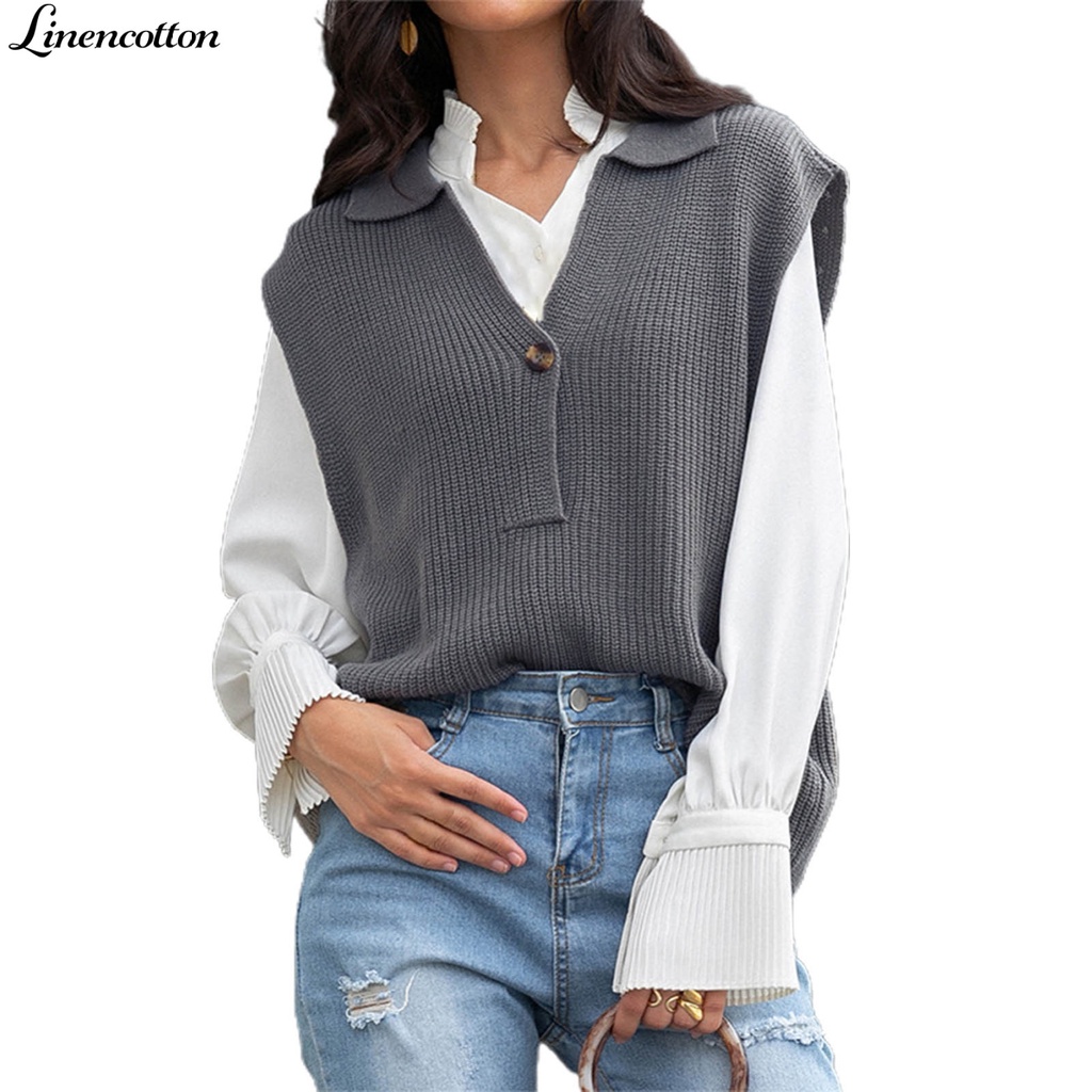 Áo cardigan dệt kim cổ chữ V không tay màu xám đậm bằng cotton lanh cho nữ | BigBuy360 - bigbuy360.vn