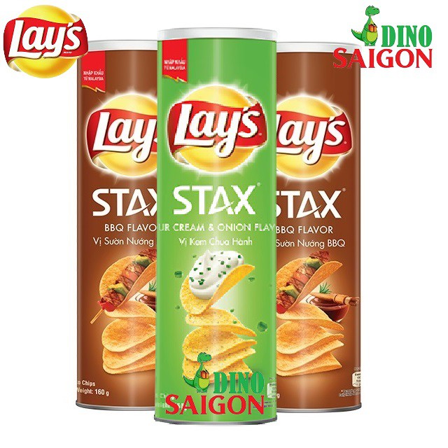 Combo 3 Hộp Bánh Snack Khoai Tây Lay's Stax Malaysia 160g gồm 2 vị Sườn nướng BBQ và 1 vị Kem chua hành