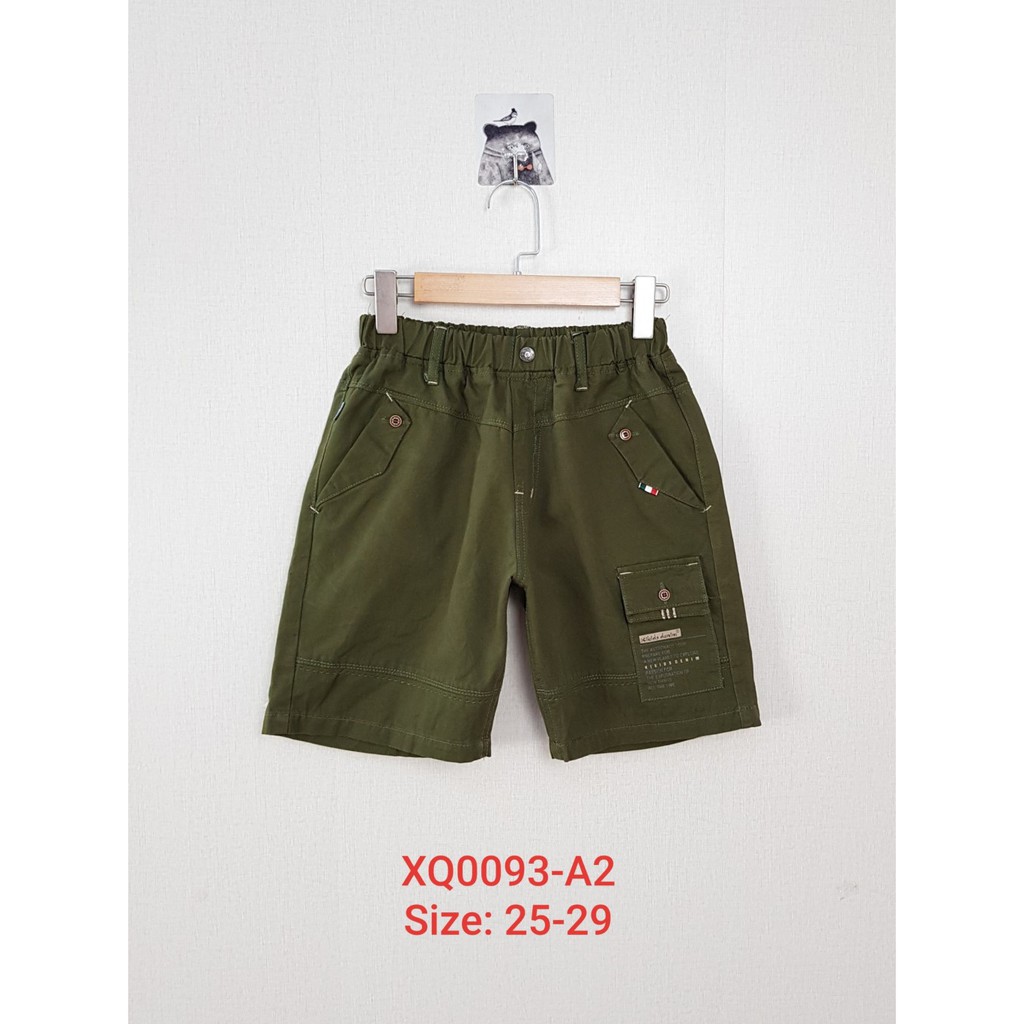 XQ0093 - A2- Quần short, bé trai, vải đũi, trơn túi hộp, màu xanh rêu, size bự 25t-29t - Hàng Made In Vietnam