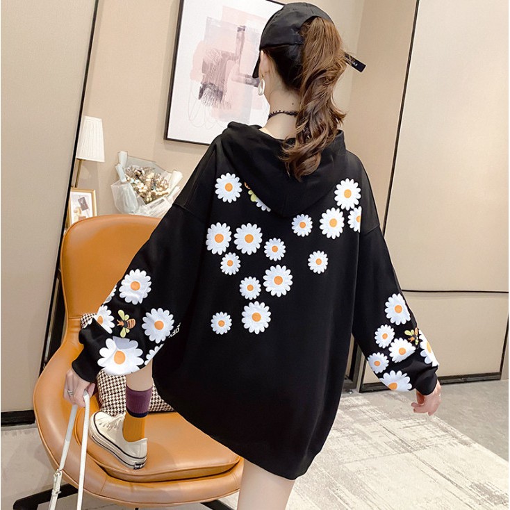 ÁO HOODIE NỮ FORM DÀI RỘNG HỌA TIẾT HOA CÚC HOT TREND 2021