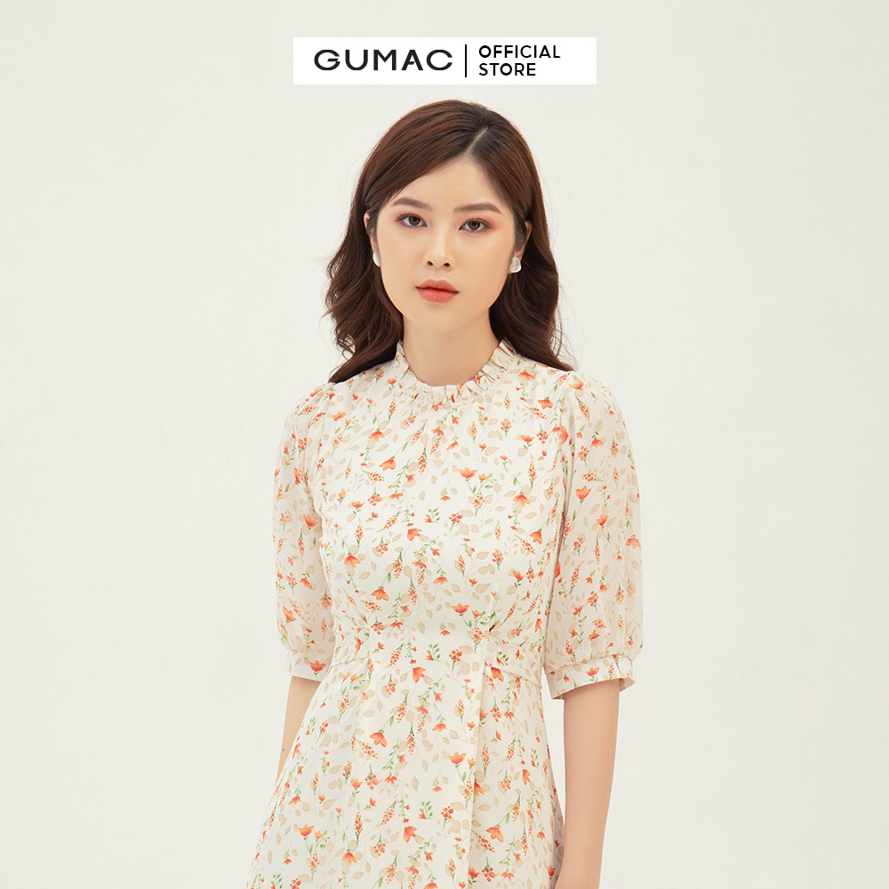 [Mã WABRGU155 giảm 15% tối đa 50k đơn 199k] Đầm xòe nữ tay dài buộc eo nhún cổ GUMAC màu kem, đủ size, phong cách DB3110 | BigBuy360 - bigbuy360.vn
