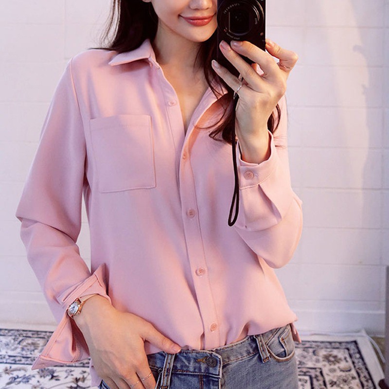 Áo sơ mi tay dài phối nút thiết kế dáng rộng cho nữ