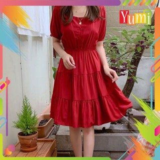Đầm nữ dáng xòe xếp tầng tay bồng thắt nơ cổ vuông Đ99
