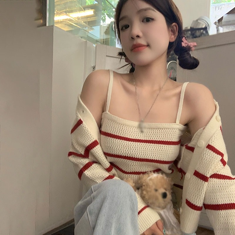 Set Áo Len 2 Dây Kèm Áo Khoác Cardigan Thời Trang Nữ