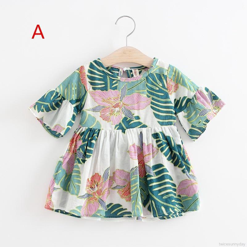 Đầm cotton mỏng tay ngắn loe in họa tiết hoa phong cách retro mùa hè xinh xắn cho bé gái