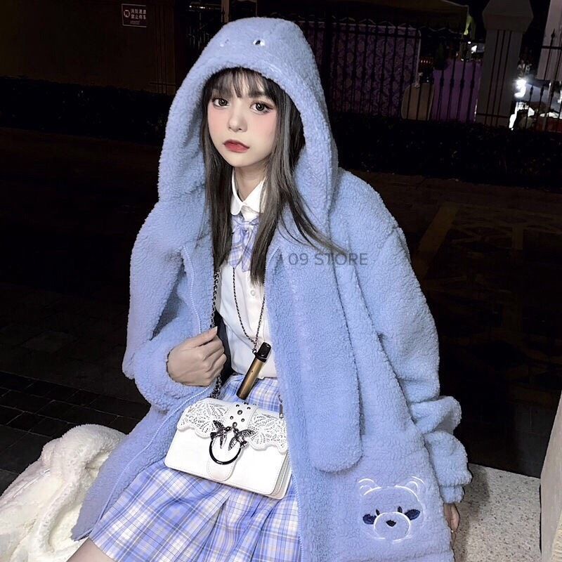 Áo khoác lông cừu, áo khoác mũ lông có khăn phong cách loli
