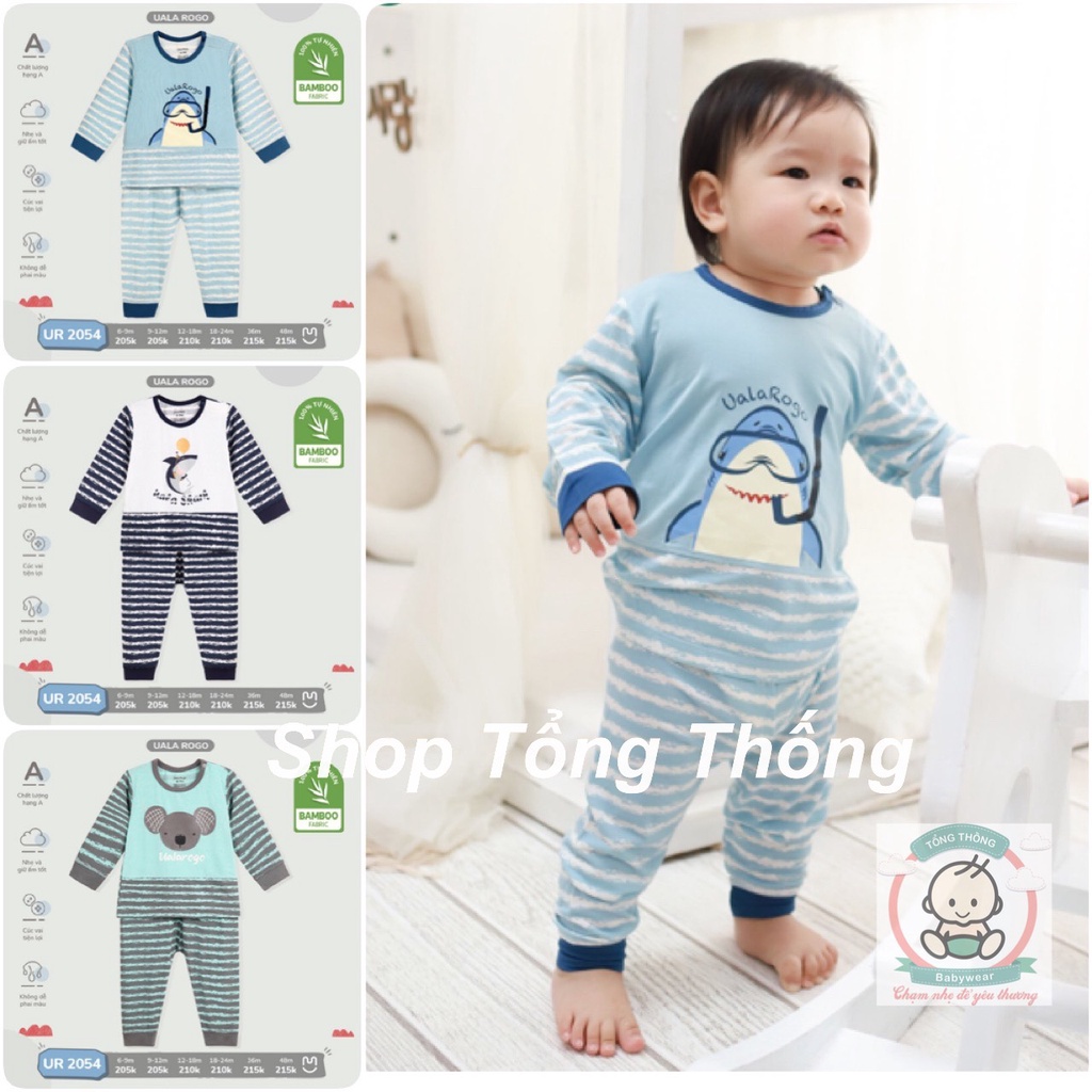 Bộ Uala Rogo dài tay Bamboo cao cấp bộ dài cài vai thoáng mát thấm hút tốt in con vật cho bé trai bé gái 2054