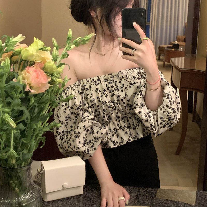 Áo Chiffon Trễ Vai Tay Phồng In Họa Tiết Hoa Thời Trang Cho Nữ