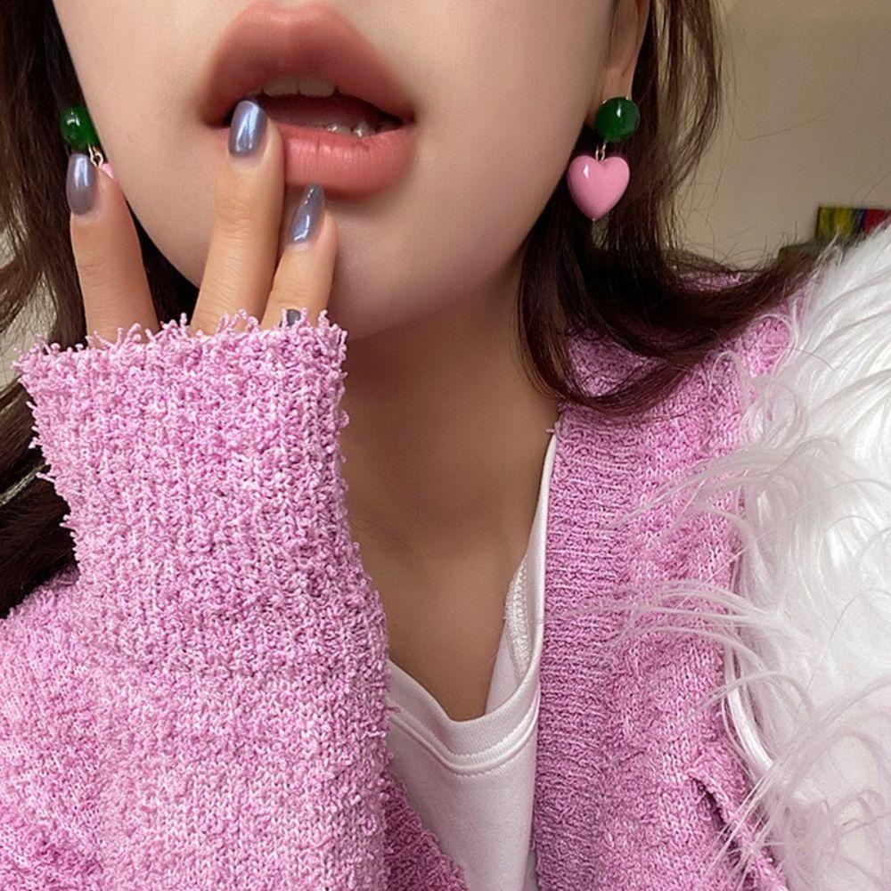 Bộ Vòng cổ + Bông Tai Hình Trái Tim Màu Hồng Thời Trang Cho Nữ