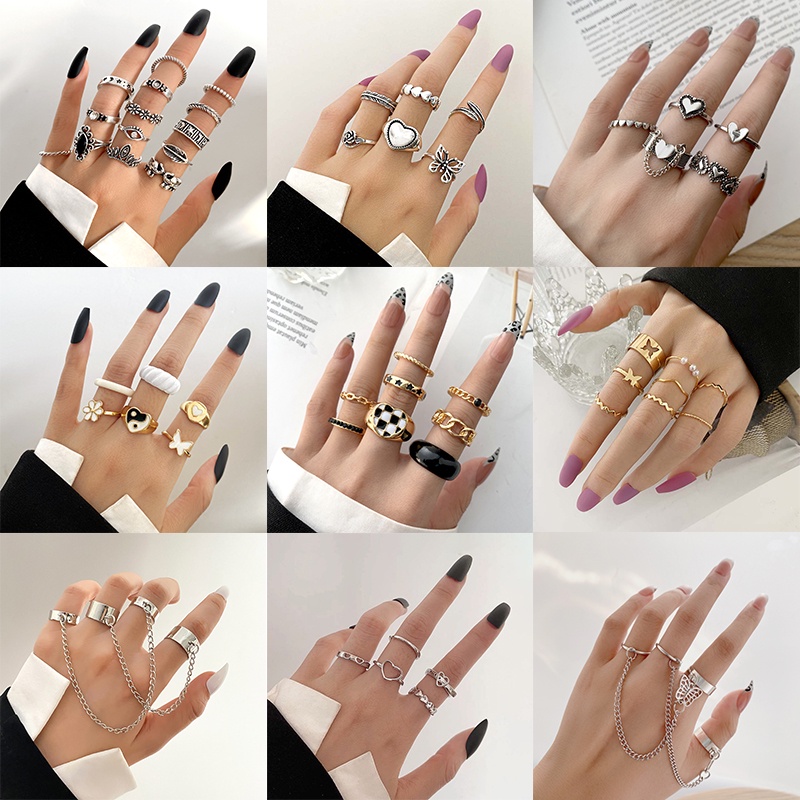 Bộ Nhẫn Đôi Hình Trái Tim/Bướm/Ngọc Trai/Trái Tim Màu Vàng/Bạc Thời Trang Cho Nữ