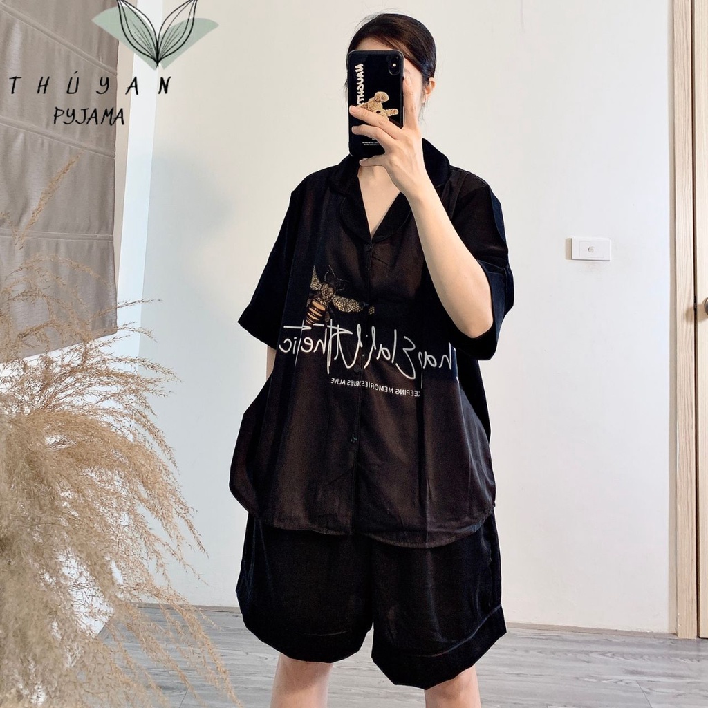 Bộ Pyjama bigsize ong chữ cộc đùi mặc nhà giá rẻ chất lụa Mango ko nhăn dành cho nữ, mẹ bầu 60 -90kg