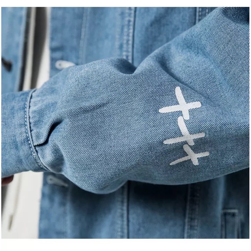 áo khoác jeans bò Nam in lưng T-A-N from rộng Hàn Quốc AKJI02 màu xanh