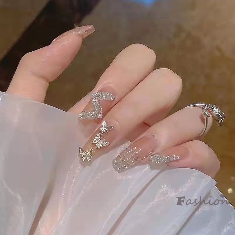 Miếng Dán Móng Tay Dài Hình Bướm Màu Vàng Kim Có Thể Đeo Lại Phong Cách Sa Mạc Tinh Khiết