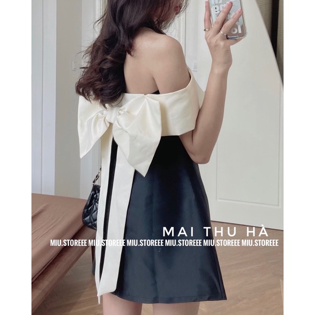 [ẢNH THẬT] VÁY ĐẦM ĐEN TRỄ VAI PHỐI NƠ BE KEM XINHH ĐI TIỆC | BigBuy360 - bigbuy360.vn