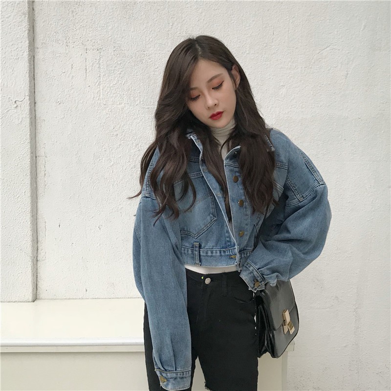 Women's Korean style loose short long sleeve denim jacket