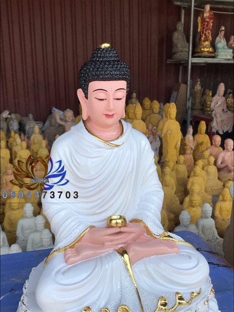 Tượng Bôn Sư Thích Ca cao 40cm màu trắng dát vàng viền Đài Loan