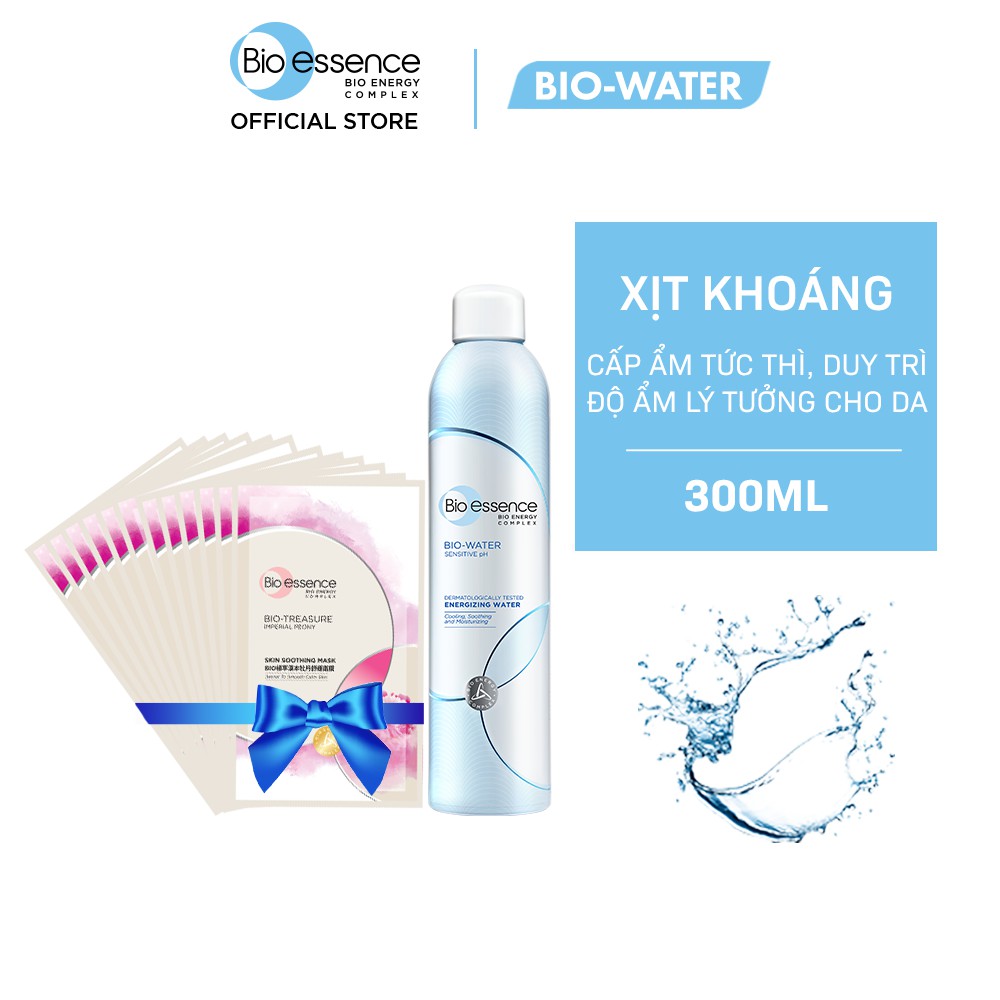 Combo Xịt khoáng dưỡng da ẩm mượt Bio-Essence Bio-Water Water Energizing 300ml và 12 miếng Mặt nạ Soothing 20ml/miếng