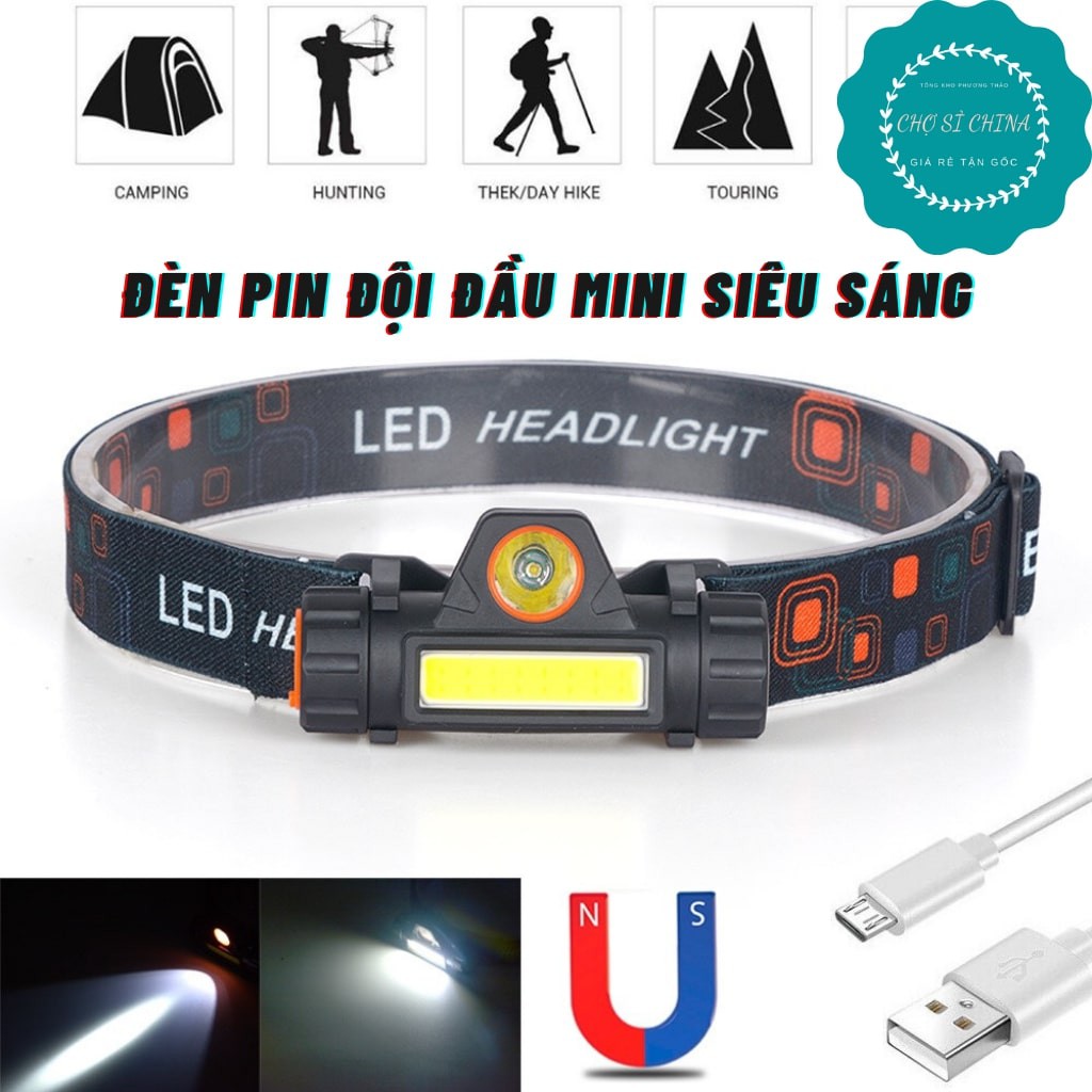Đèn pin đội đầu mini siêu sáng 2 bóng 101 đèn 2 chế độ sáng có sạc điện.