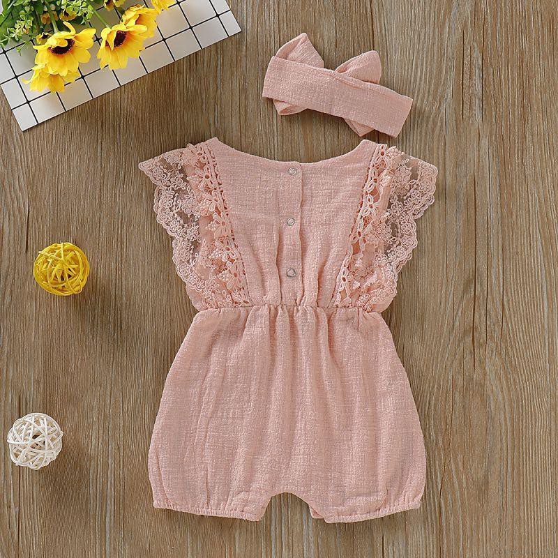 Bộ jumpsuit phối ren kèm băng đô nơ đáng yêu cho bé gái
