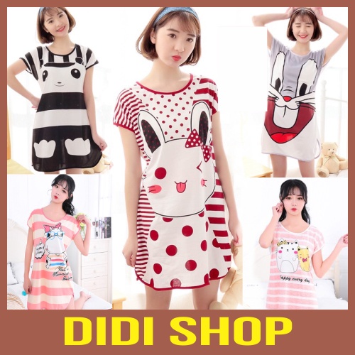 Váy ngủ, váy đầm freesize cộc tay, vải mỏng mát dáng suông họa tiết dễ thương cute