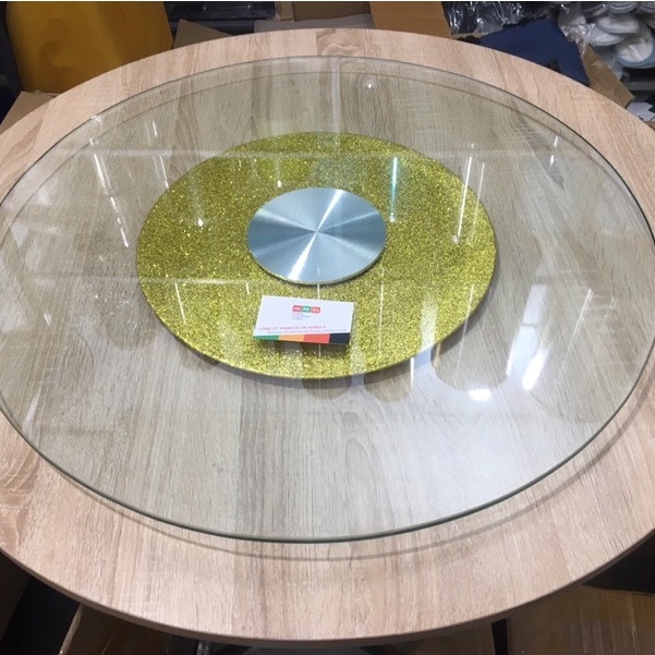 mâm xoay bàn ăn kim tuyến vàng Ø800mm phù hợp cho bàn ăn tròn Ø1,4m, kính trong suốt, sang trọng, quay rất êm, bền