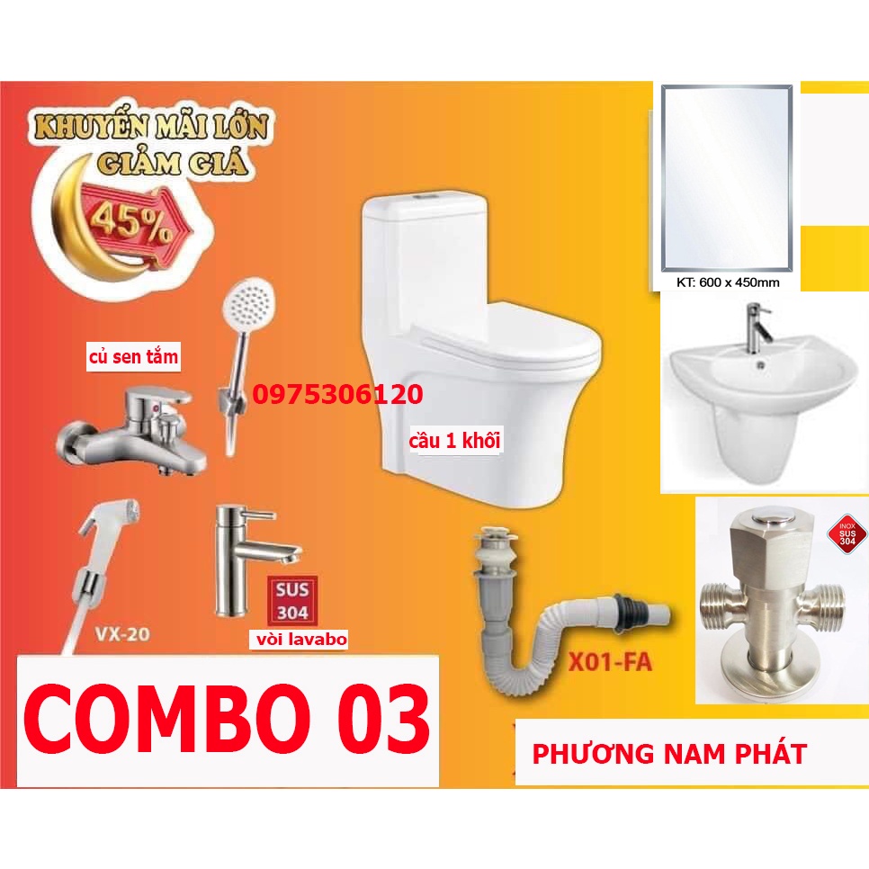 Combo trọn bộ nhà tắm nhà vệ sinh đầy đủ chỉ cần lắp đặt,bồn cầu 1 khối cao cấp,sen cây nóng lạnh,lavabo bàn đá