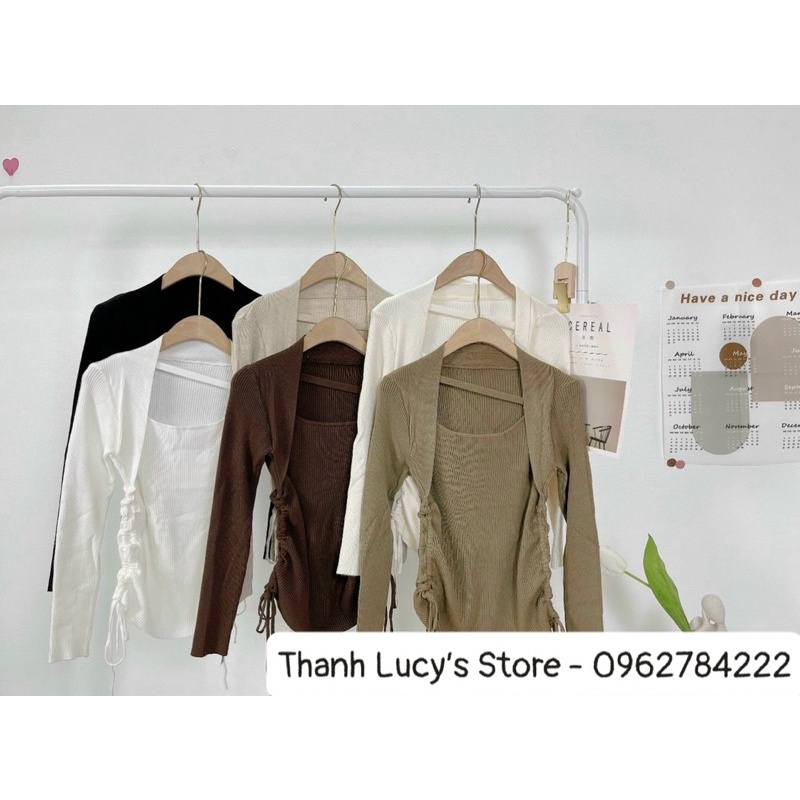 Áo len tăm nữ cổ vuông rút dây nhún 2 bên sườn, dây chéo ngực | BigBuy360 - bigbuy360.vn