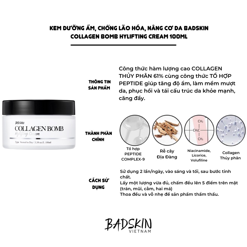 Kem dưỡng cấp ẩm, chống lão hóa , nâng cơ Collagen Peptide Badskin Bomb Hylifting cream