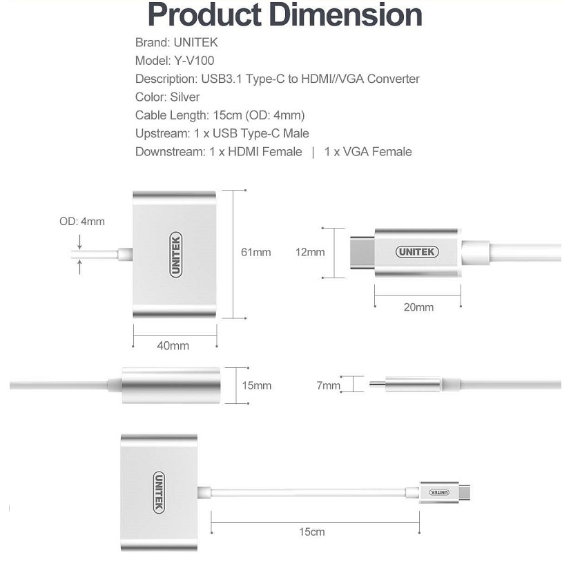 Cáp USB C sang HDMI + VGA Unitek Y-V100 SL