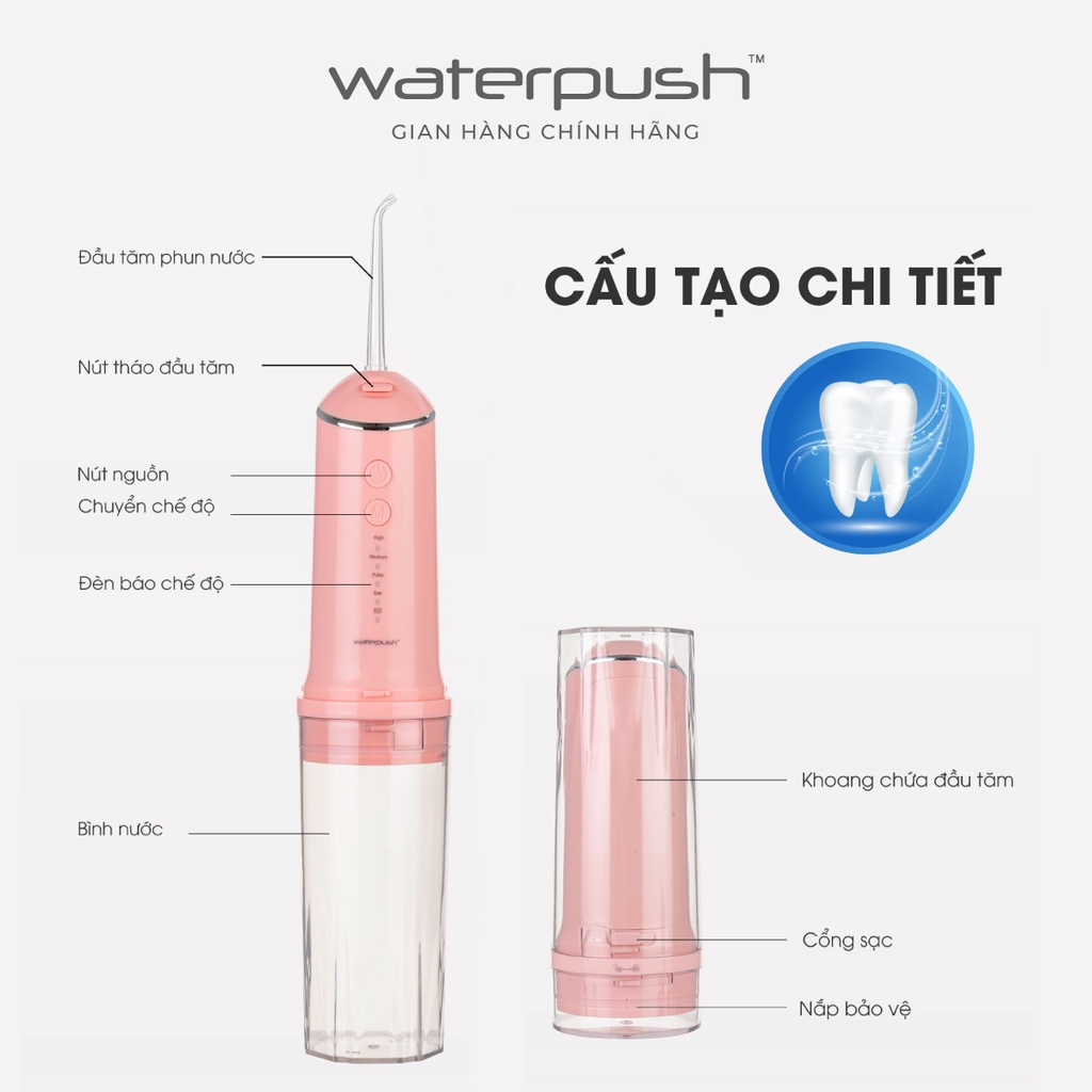 Máy tăm nước du lịch cao cấp WaterPush 1903 màu hồng -  Bình chứa lớn - Siêu Gọn - 1 đổi 1 trong 12 tháng